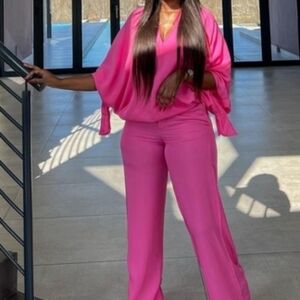 Zara set fluid tie blouse XS & flowy pants L neon pink BNWT